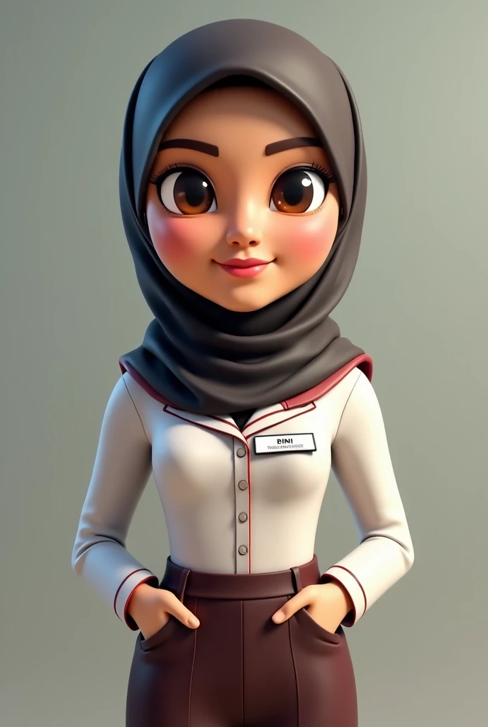 3D caricature of Indonesian women. narrow eyes, hijab, full body. in a teachers uniform. with the name tag "RINI". Smooth photography with excellent image quality.