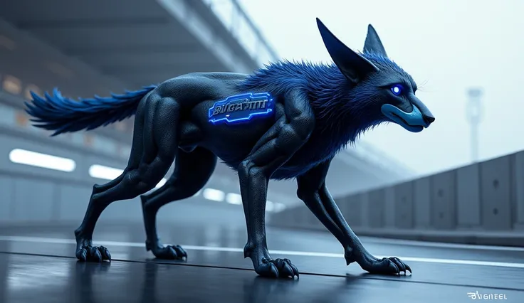 The legs are powerful and sleek, like those of a cheetah, covered in smooth, dark fur with royal blue and silver highlights, designed for explosive speed. Its eyes resemble those of an eagle, sharp and focused, glowing a bright, piercing blue, conveying a ...