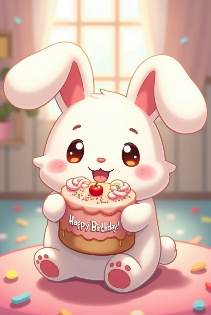 generate a picture of cinnamoroll holding a cake that says hapoy birthday Lara