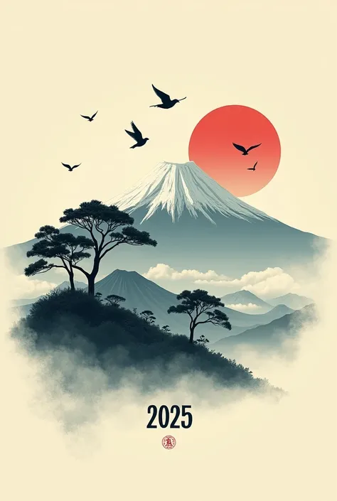 mont Fuji, Style dillustration graphique lourd, Il y a des oiseaux, de légers nuages vaporeux, et des arbres tout autour, et avec « 2025 » écrit en bas, Larrière-plan est beige,  graphiques vectoriels, Forme précisément calculée, conception approfondie, St...