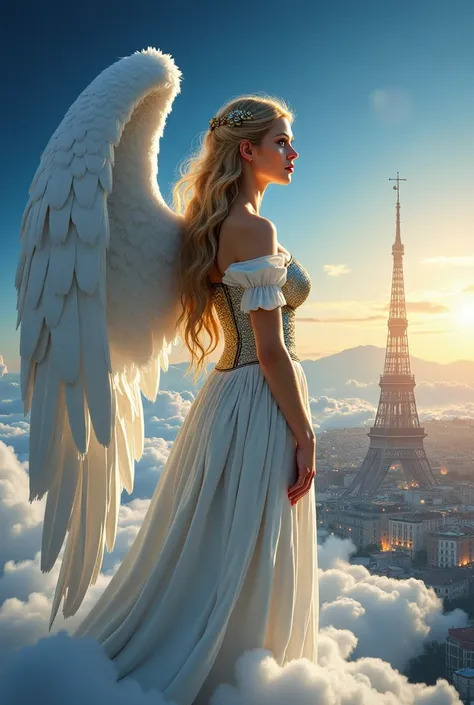 Create a photorealistic digital airbrush oil painting of a breathtaking Evangelical Czech angel standing on a cloud, gazing out at the vibrant nighttime cityscape. The angel should have a stunningly beautiful face, adorned with enchanting blue eyes, well-g...