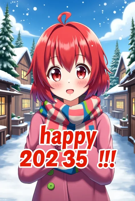  Red-haired girl as anime in a town with snow and trees.  the text  "Happy 202025 !!"  in large letters 