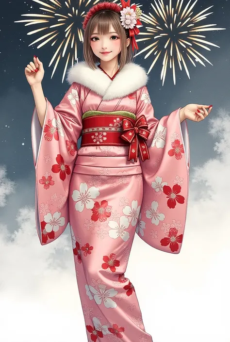 （Ink painting）、 beautiful Japanese woman wearing a traditional kimono, depicted in a Ink painting style, ( kimono winter flower print lace ruffle fashion :1.3), ( knee socks), ( dynamic pose), ( is standing), (smile), (background winter fireworks :1.3)、 Ce...