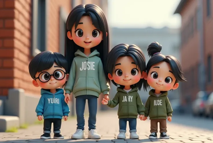 A 3D rendering of a chibi-style young boy with short black hair, narrowed eyes, wearing glasses, he is wearing a blue hoodie jacket with name YURI written on front of it, he is wearing black pants and black shoes, next to him is his mother, a 3D rendering ...