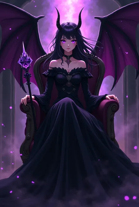 A girl of s is wears black and dark colour of long gown,her eye is purple, her hair is blowing in the wind, she hold a magic staff that posses all dark magic in it, it shines brightly, she sat in a dark and violet the throne in a ancient magical castle, sh...