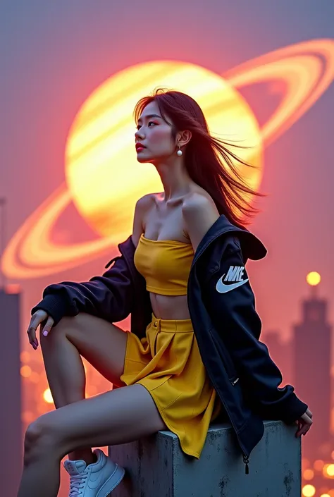 (Qingxu _ Realistic portrait photography of Asian beauty _V11),  A beautiful and elegant Korean woman ,  recognized as one of the 5 best Asian models ,  is sitting on the tip of a tall building in a surreal setting . Saturn is colliding with Earth ,  creat...