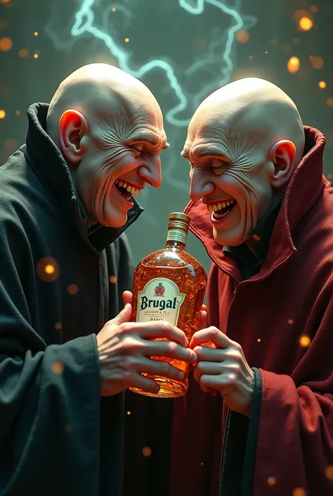 Make Harry Potter and Voldemort together laughing and partying with a bottle of Brugal in your hand