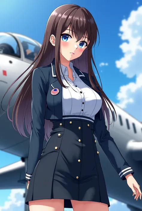  Make an anime picture of a woman pilot ,rambut panjang rapi, from head to knee , black skirt, blue eyes