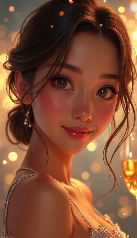  Create a highly detailed digital illustration of a person Celebrating New Years Eve,  with a soft and shiny aesthetic .  The scene features warm lighting and subtle highlights on the face ,  emphasizing smooth and realistic skin ,  vibrant eyes and a joyf...