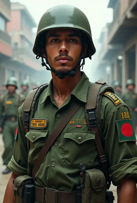 A young revolutionary gunman of the Bangladesh Army. He has a helmet on his head. JABIR is written on the nameplate on the left side of the chest. His age is 21