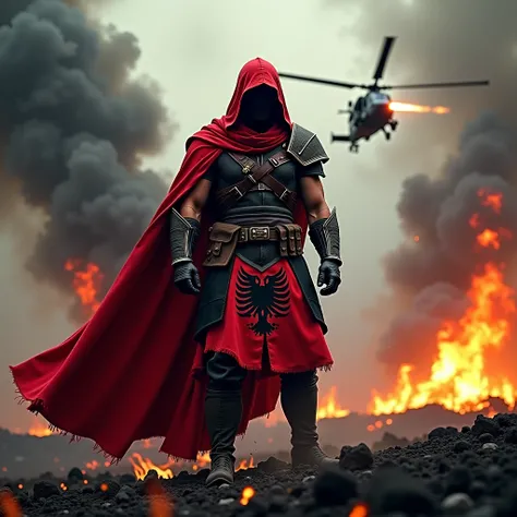 A warrior rising from ashes and flames, with hood, he wears the colors of Albania, battlefield, a military helicopter shooting, epic, 4k