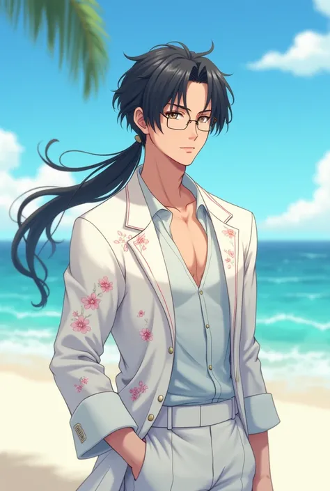 anime with glasses white floral beach outfit long black hair pony tail guy