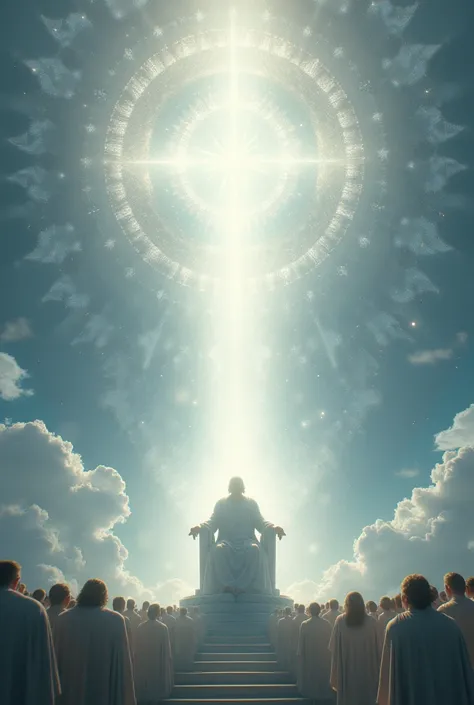 Jó of the bible seeing God seated on the great white throne shining on the heaven with millions of angels around him