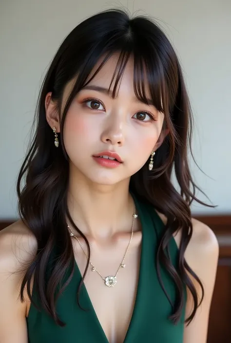 ((( One Girl :1.3))), ((20 years old:1.3)), ( shes the smartest presidential secretary ), break (Surprised Smile:1.2), (( neat themed hairstyle :1.3, Side Sweep Hairstyle :1.4),  loose wavy hair, side-swept bangs), (( gorgeous stud necklace :1.2)), (( medi...