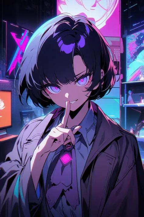 A detailed anime-style illustration with a subtle cyberpunk vibe set in the present day. The main character, a modern detective, is positioned on the left side of the image. He faces leftward, with his right hand raised to his lips in a shush gesture. His ...