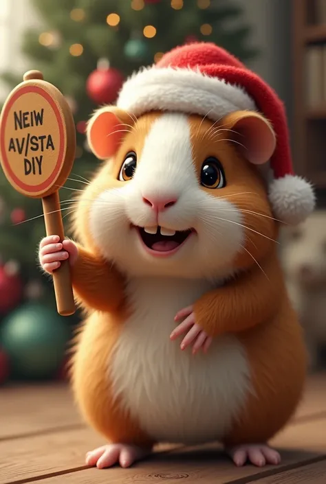 Create an image of a smiling guinea pig wearing a Christmas hat holding a traffic sign.