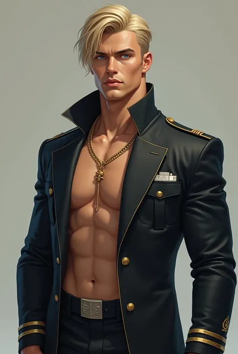  Sexy elegant man in chief clothes and with bare pectorals,straight blond hair plucked eyebrows sky blue eyes and nalgon , y with a gold necklace , and silver shoes  