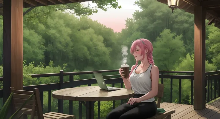 "A woman with pastel green and pink hair tied into a loose braid sits on a rustic balcony overlooking a quiet park. She wears a black tank top and dark leggings, her laptop resting on her lap. The park below is illuminated by faint lampposts, and the trees...