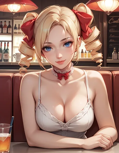  (best quality, masterpiece),perfect anatomy,(aesthetic,very aesthetic),official style, (ultra-high resolution), 1girl, Catherine, blonde hair, drill hair, blue eyes, (beautiful woman).tareme, white frilly choker, white camisole, red bow across her waist, ...