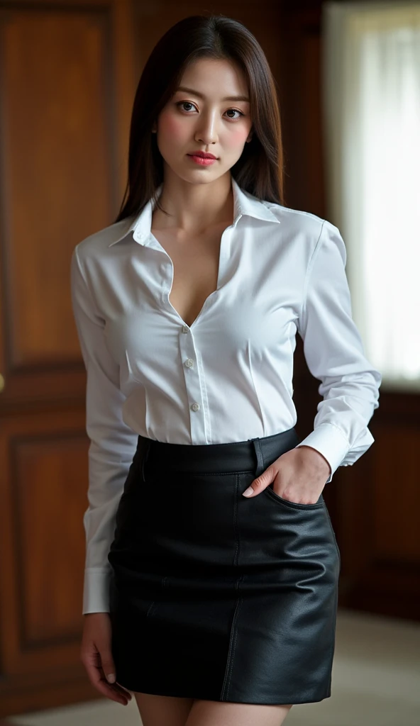 teacher in black tight leather skirt and sexy formal white shirt