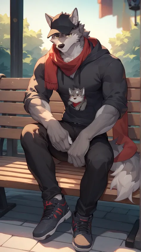 Grey wolf, strong build, brown eyes, closed mouth, lowered head, sitting on a bench, black hoodie, wearing a hat, red scarf, black pants, night view, detail optimization, hand optimization, frontal view, single close-up, full body