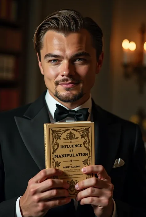 Realistic image of Young leonardo dicaprio holding the book "influence et manipulation" written by robert cialdini with a manipulator smile 