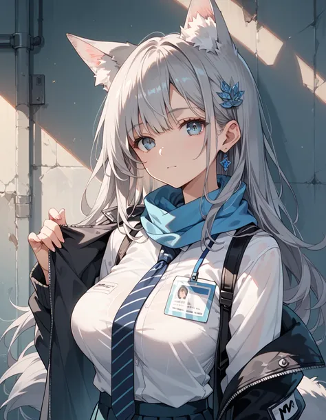 BREAK 1 girl,large breasts, (beautiful detailed gray hair), hair ornament, wolf ear ,animal ear fluff, wolf tail,BREAK jacket, shirt, blue scarf,white shirt, ID card, tie, pleated miniskirt,