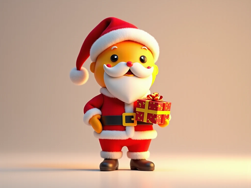 A highly detailed 3D render of a charismatic Fixwin mascot dressed as Santa Claus, wearing a sleek red and white outfit accented with subtle yellow and black stripes. The character is holding a gift box wrapped in colors matching the brand theme, standing ...