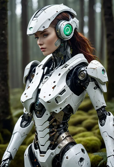 ((masterpiece, highest quality, Highest image quality, High resolution, photorealistic, Raw photo, 8K)), Abandoned robot soldier on battlefield, broken and immobile, rust and moss showing passage of time, female cyborg body, female body, biomechanical , ex...