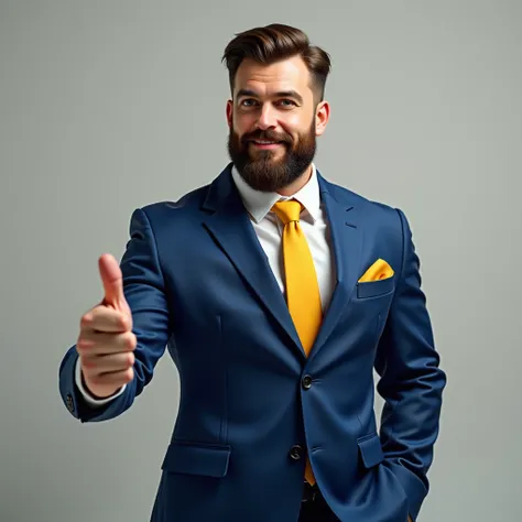 Man with beard,  short brown hair , blue suit and yellow tie , With the thumb up,  thick build , closed lips,  realistic 