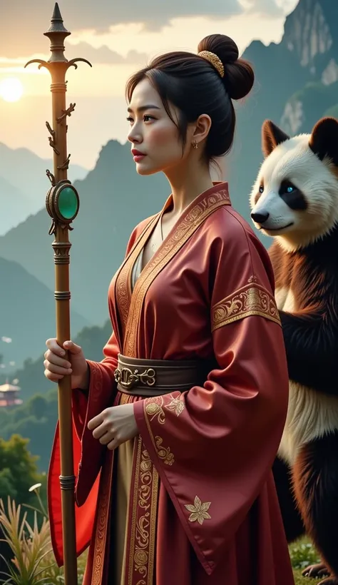 A 3D ultra-realistic 8K portrait of a stunning Taiwanese mage, set against a serene backdrop of misty mountains and traditional Taiwanese architecture. The mage is captured from the waist up, with intricate details of her ornate robe shimmering in hues of ...