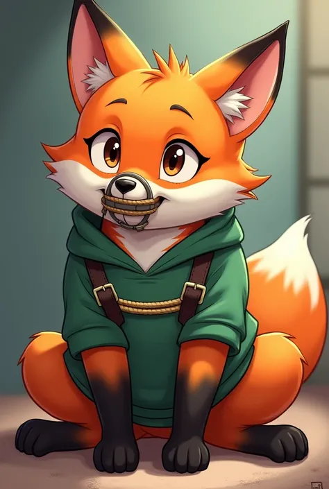  An anthropomorphic cartoon-style fox with orange fur and ears , black hands and feet .  He wears a green sweatshirt with two black straps , She does not wear pants , y has brown eyes . The fox is tightly tied with ropes in a shibari style and wears a gag ...