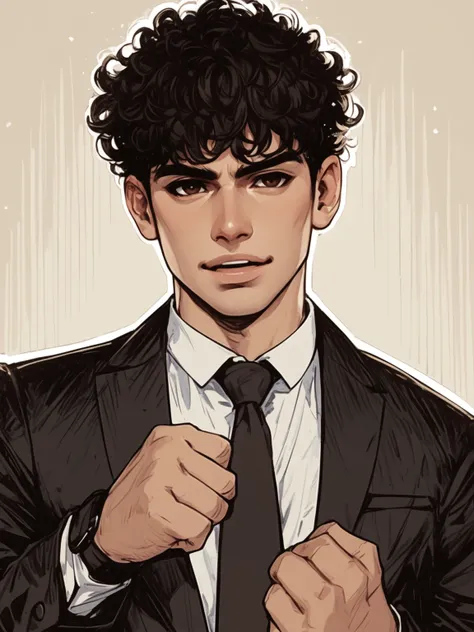 Man mixed race man(black and white), will wear black suit, slightly curly black hair, brown eyes, makes a stupid pause, sketch , unshaven, fighter , laugh 