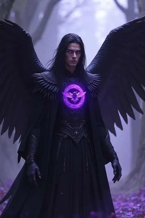 A male Raven angel with Raven wings long black hair wearing Raven cloth purple eyes wearing a black and purple glowing Raven amulet