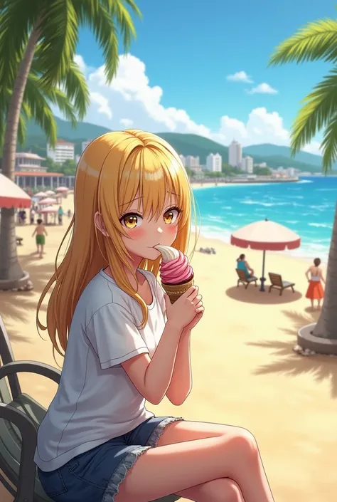 Create an image of someone with straight hair , blonde,  with fair eyes and fair skin eating ice cream in Balneário Camboriú