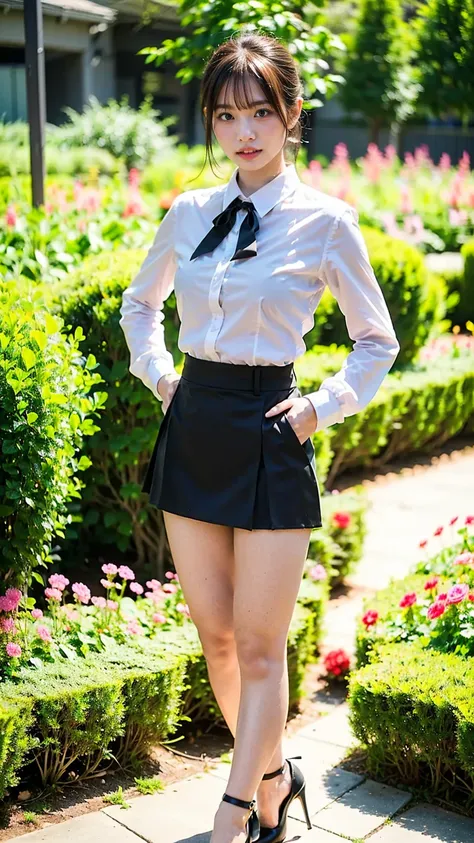 (8k、     RAW photos   、   top quality、masterpiece   :1.2)、(   realistic  、   realistic  )、1 person、((bangs、 shorthair 、 breast bulge、Ribbon on chest、 high heels、 shirt、 Long Sleeve 、whole body、 Black Tight Miniskirt 、garden、Narrow waist、 Stand with hands o...