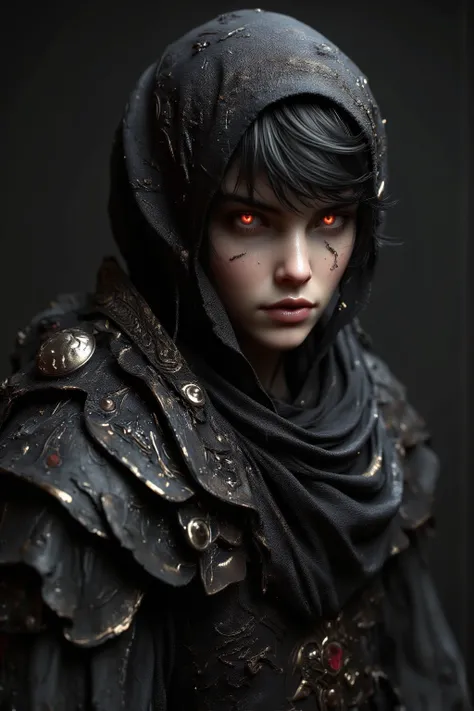 ( top quality , Ultra HD 8K , Photorealistic)( Fighting Pose :1.5)( RANDOM ANGLE :1.5) Dark Fantasy Style、 beautiful girl、Black short hair、assassin、black headscarf 、Black Robe、 ultra detail,( detail eyes), red eyes,  Best Details , ( glowing eyes),