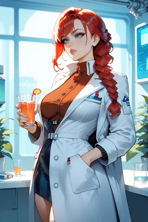  1 girl fights, scientist, white coat, sci-fi,  quiet atmosphere, sci-fi, polar base, by the window,  red hair, caring,  Beautiful,  full height, drinks warm tea, lush breasts,  blue eyes , Curvy hips, braid