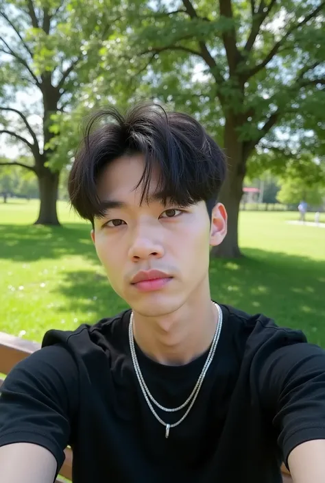 A selfie photo of of a asian men with bts like looks, wearing a black tshirt and a very thin silver chain on his neck, hes in very beautiful park and a tree of apple is behind him with a bench, its a beautiful day with white clouds in the sky. 