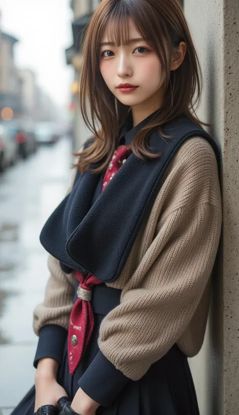   beautiful Japanese women ,  Looking at the camera without holding an umbrella ,   Breathtakingly Beautiful Pictures ,   brown hair,  slender body:1.331,   anatomically correct ratio  :1.331,   have small heads :1.331,  Long sleeve clothes ,  It becomes a...