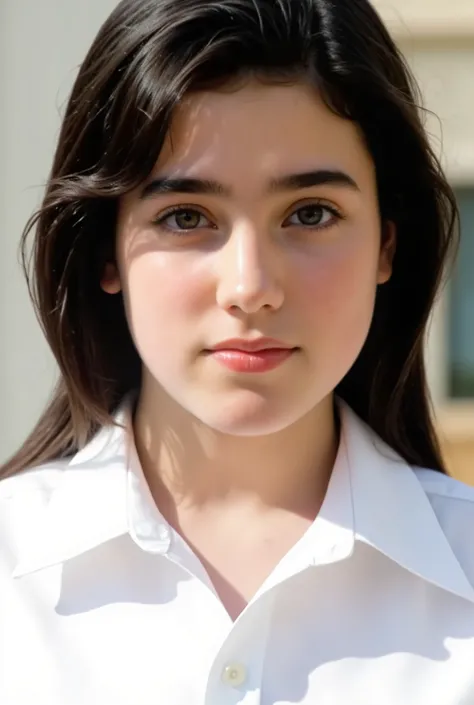 (very realistic photography),(masterpiece, best quality:1.5), 1girl, (alone),
from the front view,
she is facing straight at the viewer.,
((young Jennifer Connelly)),(at age 14),
from the top of her head to her waist,
she wears a white school shirt.,
with...