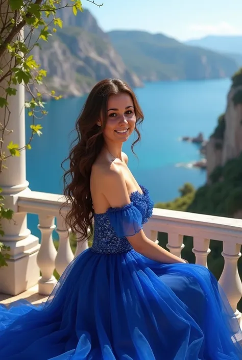 gorgeous girl in a royal blue dress dress sitting on balcony in Greece with sea in background smiling at viewer