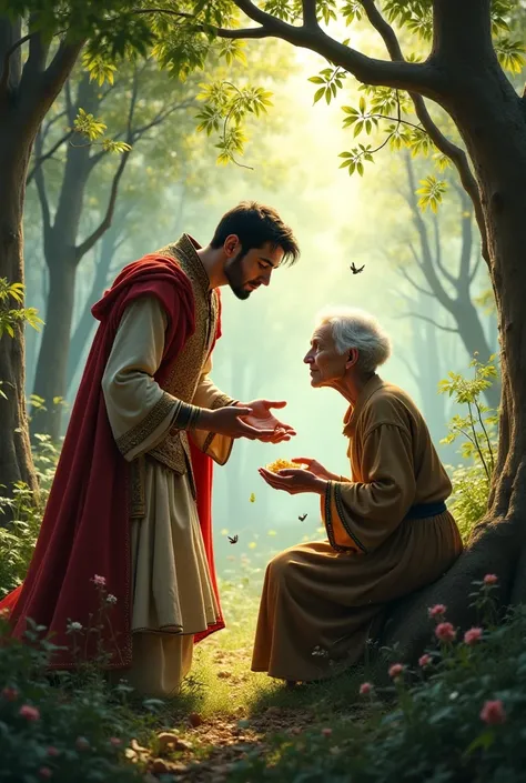 5. English: The prince helping an elderly woman in the forest, offering her food and care. Hindi: राजकुमार जंगल में एक वृद्ध महिला की मदद करता हुआ, उसे भोजन और देखभाल प्रदान करता है।