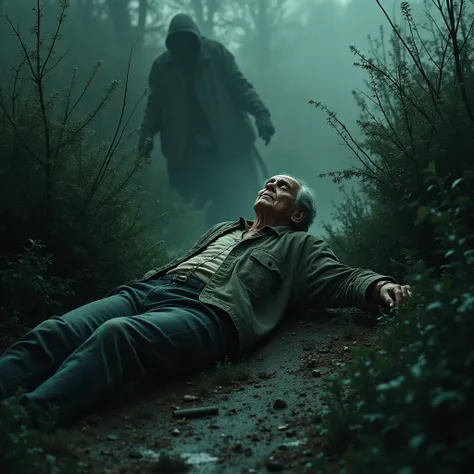 Old dead man being moved by gains driven by something inside bushes that you cant see