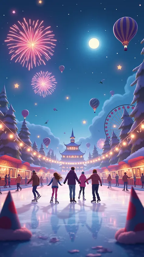 Close-up of a magical New Year’s celebration for ((Happy New Year)) ((2025)) bold logo, featuring sparkling fireworks that light up the night sky in vibrant hues. Twinkling fairy lights drape over a breathtaking ice skating rink, where ren twirl joyfully, ...