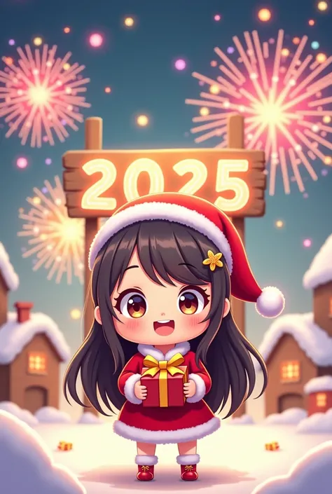 Theme: new year Tone: pastel Background: beautiful firework and sign "Happy New Year 2025" Have a cartoon girl with dark long hair, have forelock, wear santa suit, hold gift in hands, smile, cute