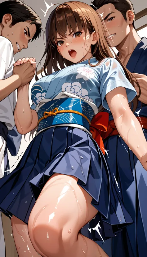 DOALeiFang, LeiFangDOA, gasp, Captured by men, Captive, Surrounded by men, Attacked by men:1.5, Many men:1.5, Man grabs her arm, Man attacks from behind, Man grabs her leg, Men Swarm 1:5, (wet short sleeve white solid kimono tops and high waist dark-blue m...