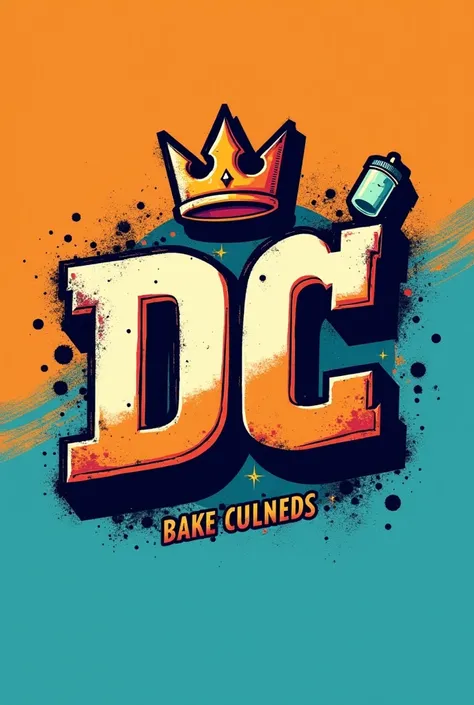 Crea un logotipo de 
 el nombre DC y un biberon 🍼al lado y una corona de rey arriba en estilo de graffiti en color naranja y azul 