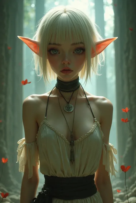 Elf-style girl wearing booming slave clothes, short hair, blonde bangs, fragile body