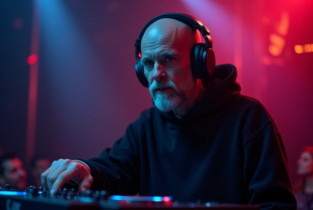  White-skinned Man , DJ, ubrany w czarną czapkę beasboolówkę, black sweatshirt ,  black on-ear studio headphones,  looking centrally into the lens , DJ ma patrzeć w obiektyw, w tle rozmazani ludzie,  color in the club magnate  